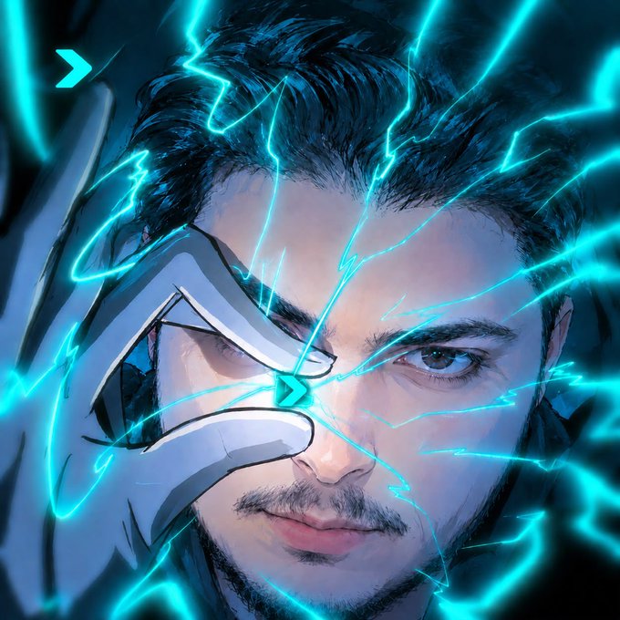 A digital illustration/artwork of a man's face with blue glowing energy lines across it, his hand near his eye, with a small cyan arrow logo in the upper left.