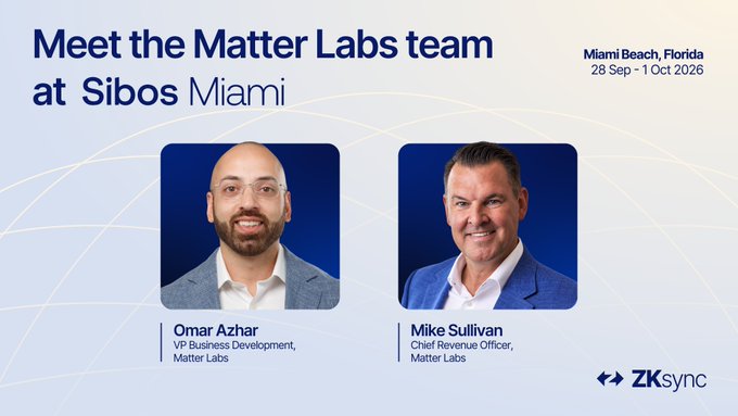 The image is a promotional graphic featuring headshots of Omar Azhar (VP Business Development) and Mike Sullivan (Chief Revenue Officer) from Matter Labs, announcing their attendance at Sibos Miami in Miami Beach, Florida from 28 Sep - 1 Oct 2026, with the ZKsync logo displayed in the corner.