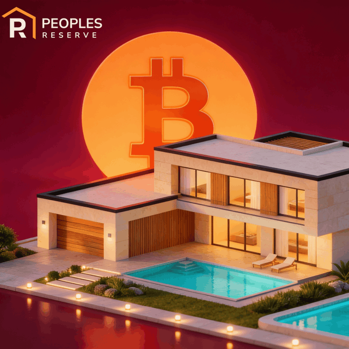 A promotional graphic for 'PEOPLES RESERVE' showing a modern house with a pool set against a large orange Bitcoin symbol and a red sky background.