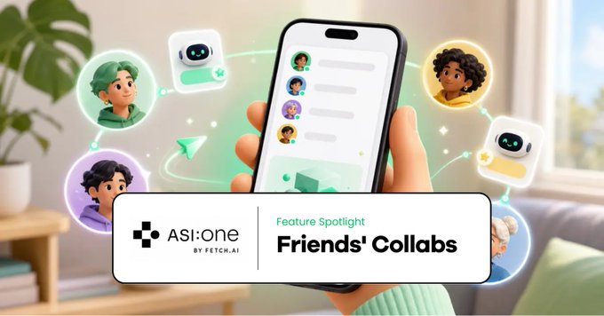 A promotional image for ASI:One by Fetch.ai highlighting a 'Friends' Collabs' feature, showing a smartphone with chat avatars and AI chatbot icons floating around it.