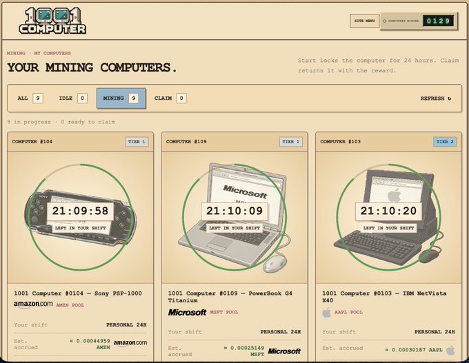 A '1001 COMPUTER' mining dashboard showing three active mining shifts: Computer #104 (Sony PSP-1000/amazon.com) at 21:09:58, Computer #109 (PowerBook G4 Titanium/Microsoft) at 21:10:09, and Computer #103 (IBM NetVista X40/AAPL) at 21:10:20, with 0129 computer memes.