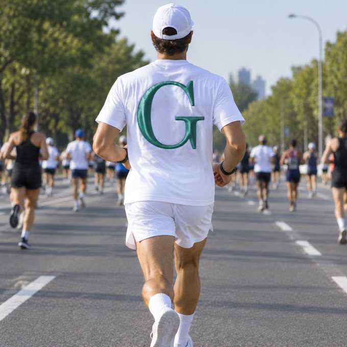 A photograph shows a man running in a marathon wearing a white t-shirt and shorts with a large green 'GT' logo printed on the back.