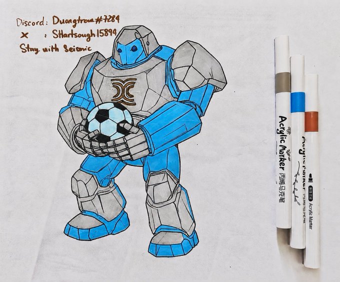 A hand-drawn marker illustration of a blue and grey armored robot holding a soccer ball, with handwritten text 'Discord: Duongtrinh#7289, X: SHartsough1589a, Stay with Seismic' and three acrylic markers beside it.