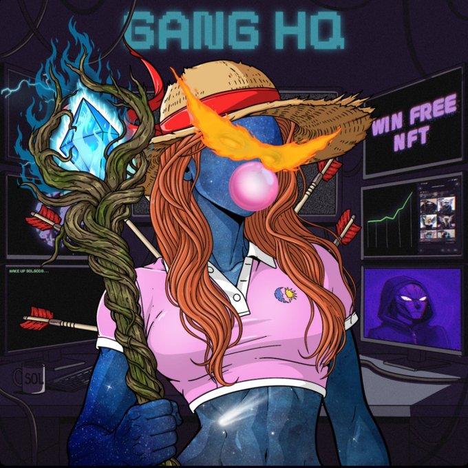 NFT artwork titled 'GANG HO' depicting a blue-skinned cosmic figure wearing a straw hat and pink polo shirt, holding a staff, with 'WIN FREE NFT' displayed on a screen.