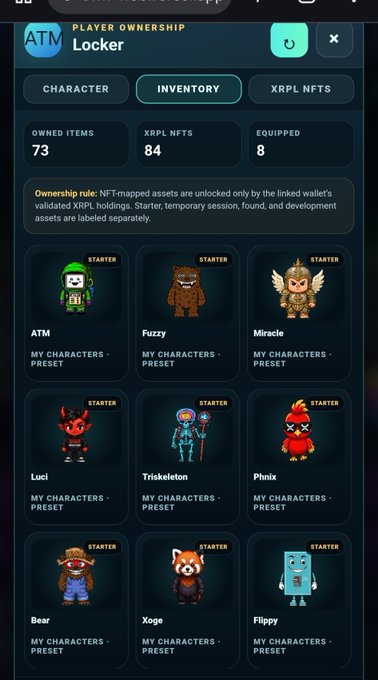 A digital "Locker" interface displaying a player's NFT inventory of 73 owned items and 84 XRPL NFTs, featuring starter character collectibles like ATM, Fuzzy, Miracle, Luci, Triskeleton, Phnx, Bear, Xoge, and Flippy—showcasing various character presets that could serve as inspiration for community-voted additions to a game.