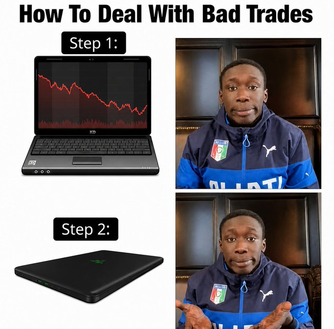 This image illustrates "How To Deal With Bad Trades" with Step 1 showing a laptop with a downward trending stock graph and Step 2 showing the closed laptop, mirroring the post's advice to "Take the L" and "Close the laptop."