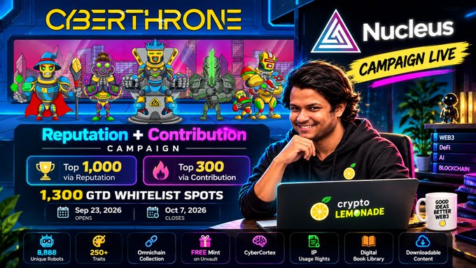 A promotional banner for CyberThrone's campaign on Nucleus features a young man at a laptop alongside animated NFT characters, advertising 1,300 GTD whitelist spots split between Top 1,000 via Reputation and Top 300 via Contribution, with key details including 8,888 unique NFTs, 250+ traits, Omnichain compatibility, and a free mint on Unvault, open from Sept 23 to Oct 7, 2026.