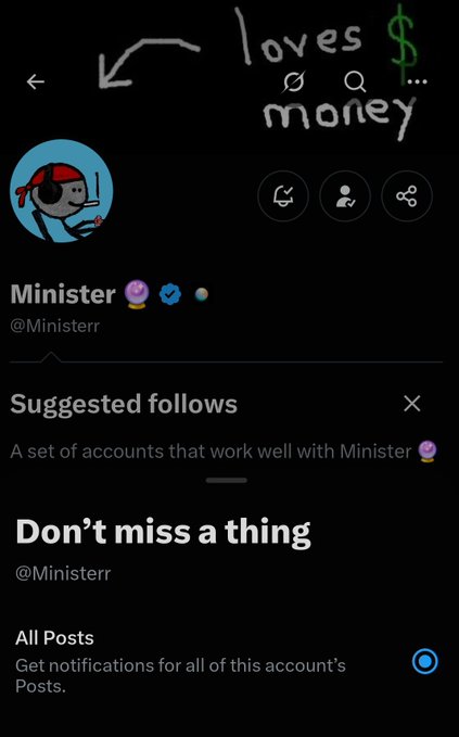 A dark-themed social media profile page for 'Minister' (@Ministerr) with a pirate avatar, a hand-drawn annotation in white reading 'loves money' with an arrow and dollar sign, and notifications enabled.