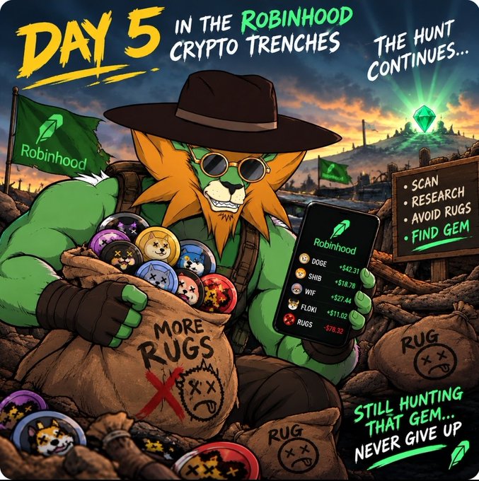 A cartoon hunter character in a fedora and sunglasses holds a burlap sack labeled "MORE RUGS" filled with fallen crypto tokens, while proudly displaying a Robinhood phone screen showing gains on DOGE (+$42.31), SHIB (+$18.78), WIF (+$27.46), and FLOKI (+$11.02), alongside losses on RUGS (-$78.32). The illustration ties directly to the "Day 5 in the Robinhood crypto trenches" post, depicting the trader's ongoing hunt for that elusive gem despite accumulating more "rugs" than wins.