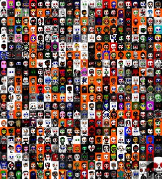 A dense grid composed of dozens of small, colorful, stylized character icons or avatars with various spooky and whimsical designs.