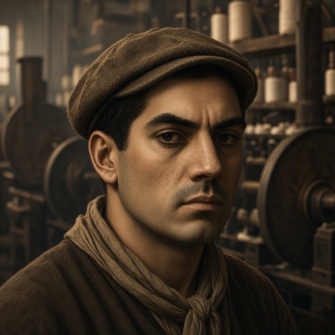 A digital illustration or AI-generated image of a man with dark hair wearing a brown newsboy cap and a beige scarf, looking seriously to the side in what appears to be an industrial setting with machinery.
