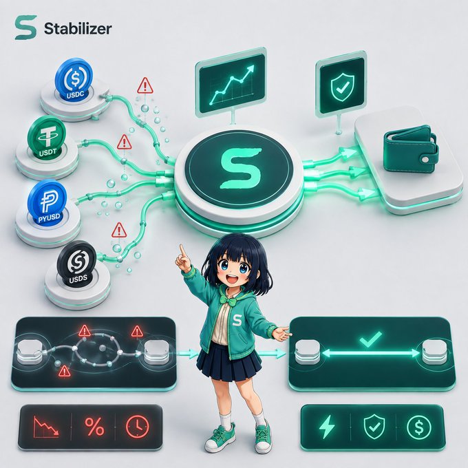 A promotional graphic for 'Stabilizer' showing an anime girl in green and white clothing surrounded by cryptocurrency coin icons (USDC, USDT, PYUSD, USDS) and digital dashboard elements.