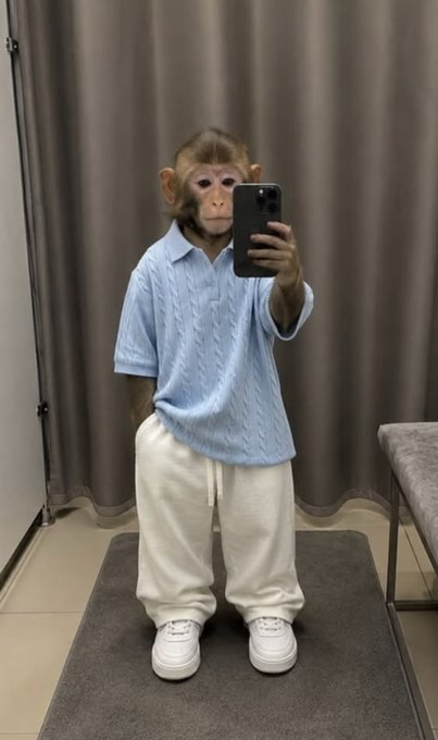 A young chimpanzee stands upright on a mat, wearing a light blue polo shirt, white sweatpants, and white sneakers, while taking a mirror photo with a smartphone.