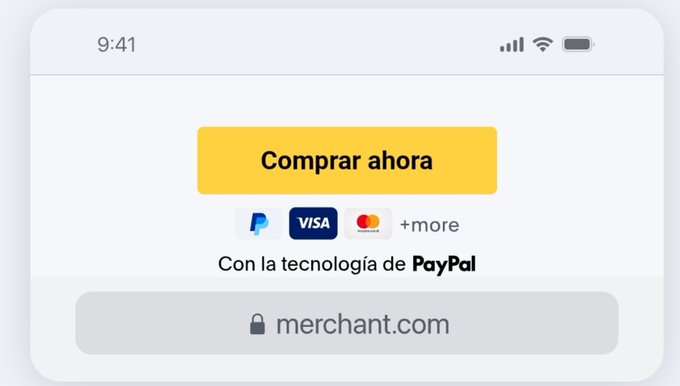 La imagen muestra una pantalla de pago con el botón “Comprar ahora”, los logotipos de PayPal, Visa, Mastercard y “+more”, y el dominio “merchant.com” bajo el mensaje “Con la tecnología de PayPal”. Refuerza el post sobre una tarjeta USD/cripto en Venezuela y una estrategia de negocio con PayPal para captar dólares.