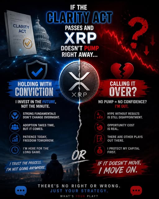 In the image, a person is seen standing outside a building under a blue sky that displays various text including "If The CLARITY Act Passes And XRP Doesn'T Pump Right Away...", "Holding with Conviction", "Call It Over", and several other statements related to cryptocurrency. These words suggest an advertisement or infographic that provides information on the relationship between cryptocurrency and the clarity act. There are also some graphics and text that represent a divided sky, symbolizing two contrasting ideas presented in the image: one representing cryptocurrency and its potential benefits or actions, while the other represents the CLARITY Act with opposing views. The person standing outside might be trying to make sense of these conflicting ideas or contemplating their stance on the matter.