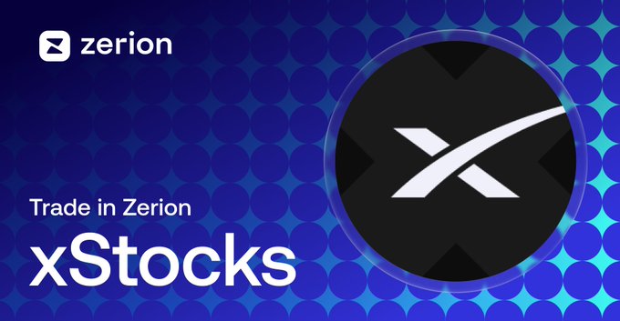 A promotional graphic featuring the Zerion logo in the top-left corner with text reading "Trade in Zerion xStocks," alongside a large black circular badge displaying the white xStocks "X" logo, set against a blue gradient background with a dotted pattern—visually announcing the integration of $SPCX and 600+ tokenized assets from xStocksFi available for trading within the Zerion wallet.