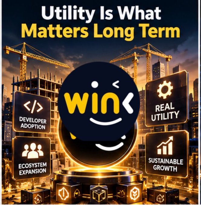 A promotional graphic with the text 'Utility Is What Matters Long Term' featuring a central 'WINK' logo surrounded by categories like 'DEVELOPER ADOPTION', 'REAL UTILITY', 'ECOSYSTEM EXPANSION', and 'SUSTAINABLE GROWTH'.