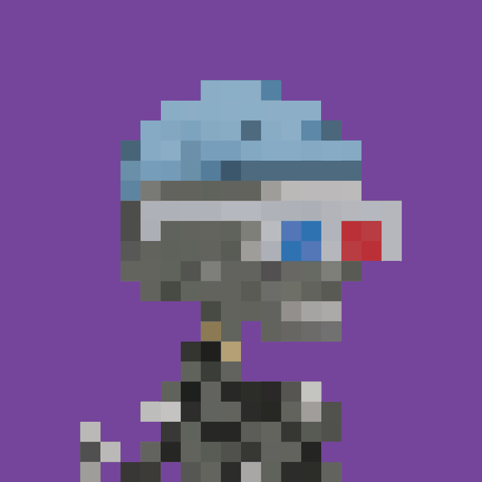 Pixel art of a figure with blue hair wearing a helmet with a red and blue visor against a purple background.