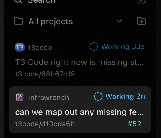 Two AI coding sessions are running simultaneously on T3 Code, with one project "t3code/68b67c19" working for 33 seconds and "infrawrench" (t3code/d10cda6b) actively processing for 2 minutes on a task about mapping out missing features (#52), demonstrating the poster's renewed ability to run parallel token-heavy workflows after being unable to "tokenmax."