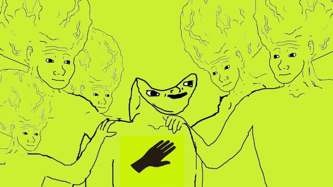 A bright yellow-green illustration shows a smug frog character in the center being embraced by several smiling figures, with a black hand symbol on the frog's chest representing the meme coin "RubbingHoodGang" (CA: 0x669a5db90d55cc276351c9fe1e79ef4815591cbf @RubbingHoodGang). The artwork visually plays on Robinhood's branding with frog/"hood" gang meme culture, aligning with the post's humorous rebranding concept.