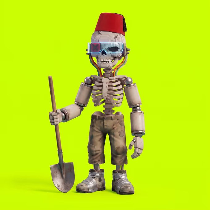 A 3D rendered character of a skeleton wearing a red fez, futuristic visor glasses, a white ribcage shirt, tattered shorts, and work boots, holding a shovel against a bright green background.