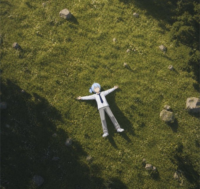 An anime-style character with blue hair, wearing a white shirt and tie with grey pants, lies spread-eagle on a grassy field scattered with rocks and small yellow flowers, viewed from above.