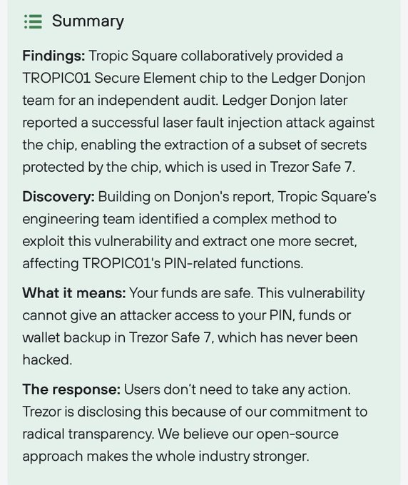 "I hope y'all are ok, a new vulnerability has been reported in Trezor TROPIC01 secure element, TL;DR your devices might be affected but it's still something worth bringing to your attention."