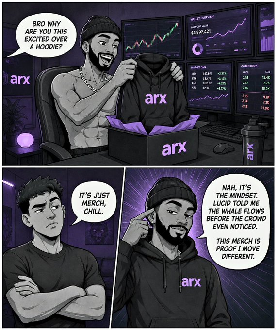 Three-panel comic featuring a shirtless man excited about an 'arx' hoodie, with the punchline revealing it's just merch while he philosophizes about mindset and whale flows.