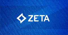 The image features the Zeta company logo, displaying a stylized white diamond shape next to the name "ZETA" in bold white lettering against a textured blue background. Paired with the post, the logo identifies Zeta as the company being discussed in relation to CEO David Steinberg's interview about their involvement in GEO and ad serving within AI platforms like ChatGPT, Anthropic, and Gemini.