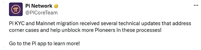 The image shows a tweet from the official Pi Network account (@PiCoreTeam) announcing technical updates to PI KYC and Mainnet migration processes to address corner cases and help more Pioneers, with a prompt to visit the Pi app for more information. This tweet relates to the accompanying post by highlighting the KYC update that resolves conversion issues for over 900,000 users, including the processing of 417,000 duplicate accounts and preparation for migrating 497,000 Fast-Track wallets to the Mainnet.