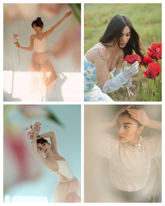 A four-panel photo collage of a young woman posing with pink lilies and red tulips in various soft-lit, dreamy settings.