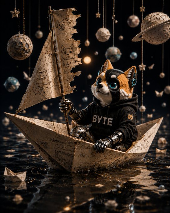 A cat with robotic arms wearing a hoodie reading "BYTE" sits in a paper boat sailing through a cosmic sea of planets and stars, accompanied by a small paper companion. The whimsical scene reflects the post's adventurous spirit, suggesting that imagination and a simple paper boat can carry you to the moon.