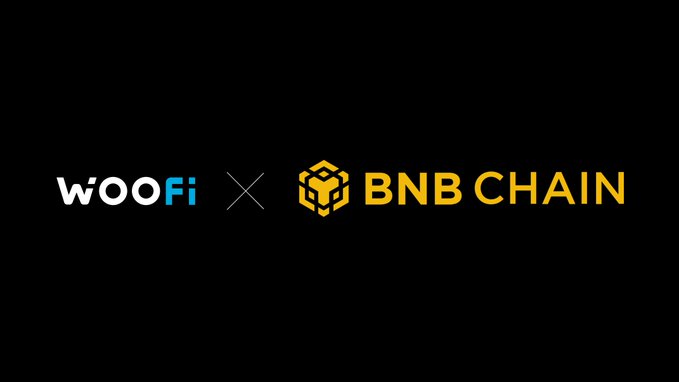 A black screen displaying the collaboration logos for 'WOO X' and 'BNB CHAIN' in white and yellow text.