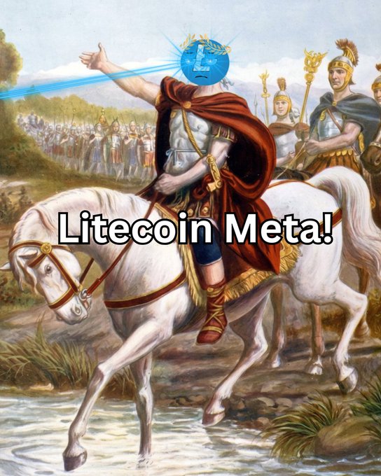The image is a humorous photoshopped meme featuring a classical painting of a Roman general on horseback, with the general's head replaced by the Litecoin (LTC) logo emitting laser eyes, symbolizing bullish enthusiasm. The text overlay reads "Litecoin Meta!" and the post references $LTC with hashtags #LTC and #Litecoin, expressing optimism that positive developments for Litecoin will arrive soon for the benefit of both the project and its supporters.