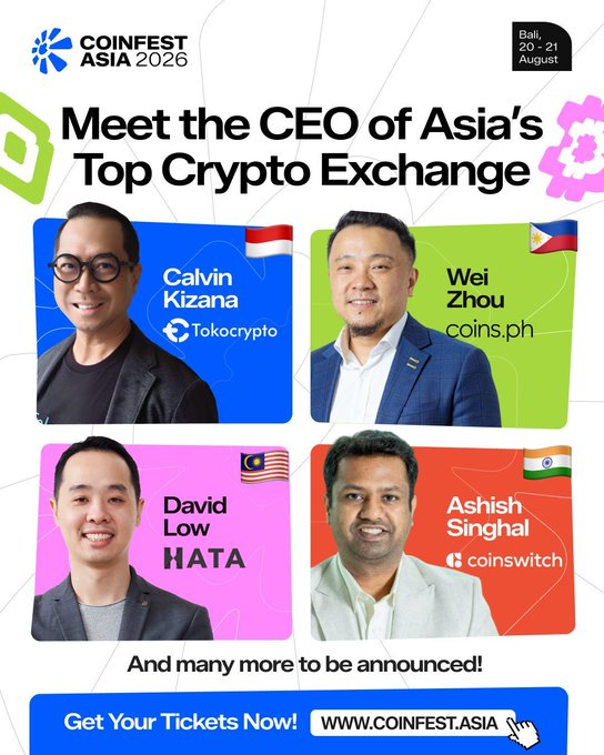 An advertisement for 'COINFEST ASIA 2026' in Bali on August 20-21, featuring CEOs Calvin Kizana (Tokocrypto), Wei Zhou (coins.ph), David Low (HATA), and Ashish Singhal (coinswitch), with a prompt to get tickets at www.coinfest.asia.