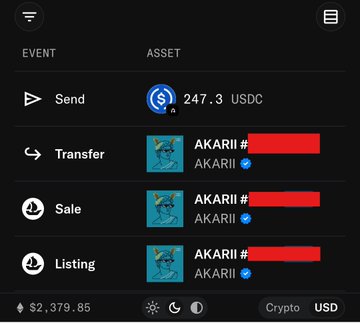 A crypto wallet activity screen showing a 247.3 USDC send and recent transactions involving an 'AKARI' NFT asset, with a balance of $2,379.85 in Crypto USD.