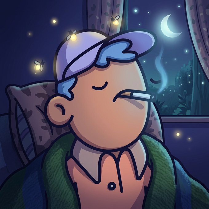 A cartoon illustration of a relaxed man wearing a blue cap with a nightcap underneath, smoking a cigarette, surrounded by fireflies, a crescent moon, and curtains in a nighttime setting.