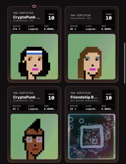 A digital trading card display showcases four FWA Certified Grade 10 collectibles, including CryptoPunks 721 with backing values of 276 ETH, 38 ETH, and 33 ETH, alongside an Art Blocks Exploration "Friendship B..." card with 33 ETH backing. The cards visually represent the user's potential to win the highest-valued 276 ETH CryptoPunk from a low 0.2 ETH spin, illustrating the risk-reward ratio of the gamble.