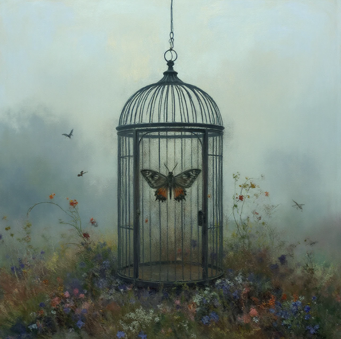 A dark metal birdcage hangs above a field of flowers, with a large butterfly visible inside against a misty landscape.