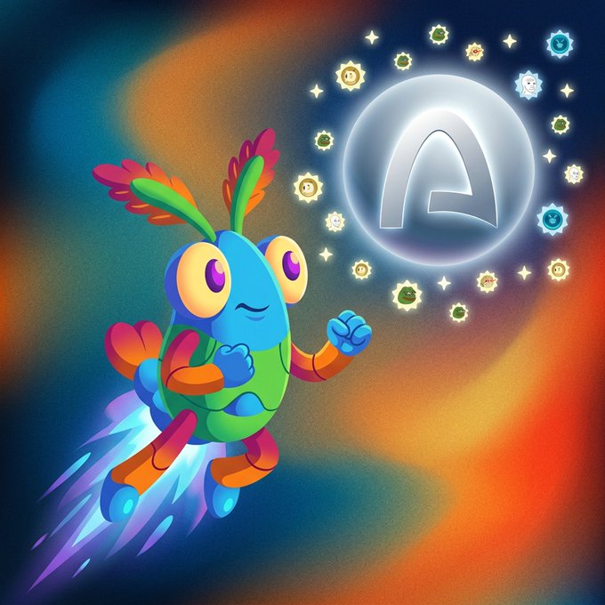 Digital artwork of a colorful cartoon creature with rainbow fins flying upward with rocket-like exhaust toward a glowing circular emblem containing the letter 'A' surrounded by smaller icons.