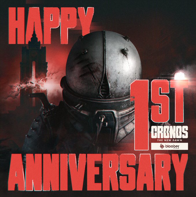A masked sci-fi character is featured in a dark red anniversary graphic reading “HAPPY 1ST ANNIVERSARY,” alongside the “CRONOS: THE NEW DAWN” and “bloober team” logos. It celebrates one year of Cronos: The New Dawn and echoes the accompanying “Happy Cronos Day” post.