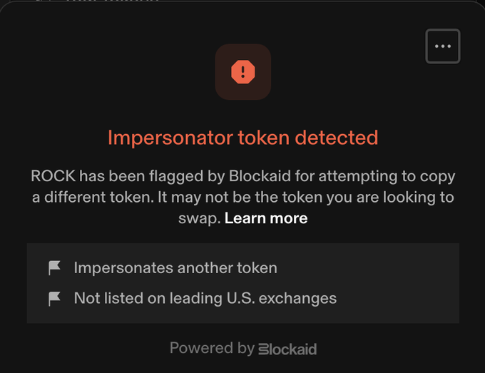 A warning interface displays 'Impersonator token detected,' stating that 'ROCK has been flagged by Blockaid' for copying another token and is 'Not listed on leading U.S. exchanges.'