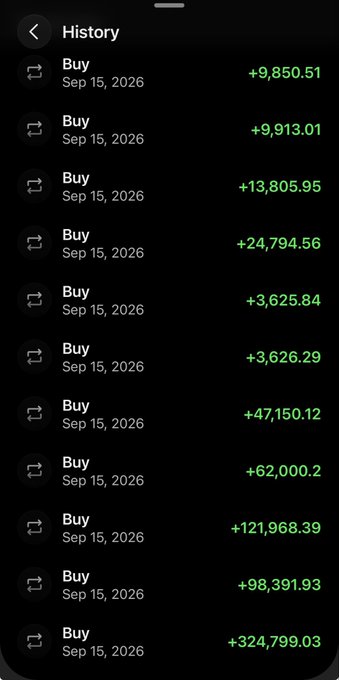 A cryptocurrency 'History' transaction list showing multiple large 'Buy' transactions on Sep 15, 2026 with amounts ranging from +3,625.84 to +324,799.03.