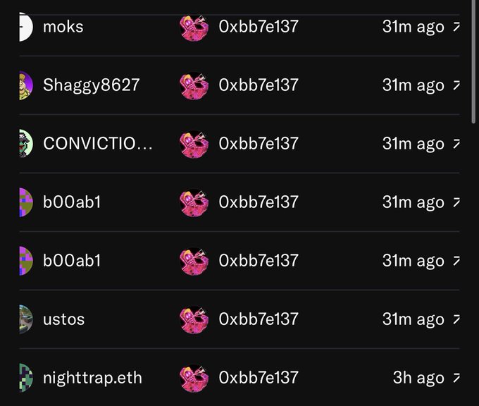 A screenshot showing a list of usernames (moks, Shaggy8627, CONVICTIO..., b00ab1, b00ab1, ustos, nighttrap.eth) who recently received or interacted with the item '0xbb7e137', timestamped '31m ago' and '3h ago'.