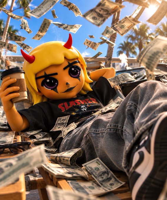 A stylized 3D-rendered figure with blonde hair, red horns, and purple eyes lounges amid a shower of falling US dollar bills, holding a coffee cup and wearing a 'SLASHER' shirt.