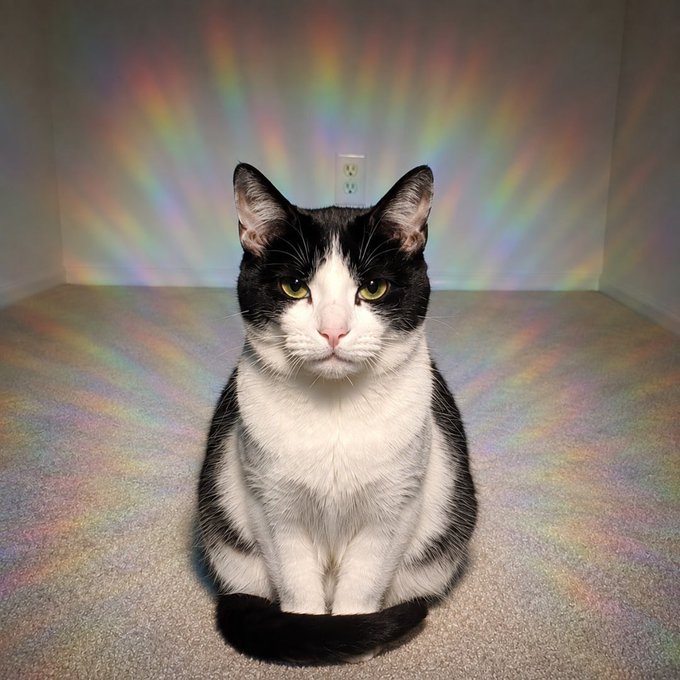 A black and white cat sits calmly on the floor of an empty room, with a rainbow of light refracting around it from a sunlit window. The image ties into the promotional post by depicting $AURACAT's mascot in a serene, almost triumphant pose—mirroring the "all time high" hype as the cat appears poised and unbothered while colorful light radiates outward.