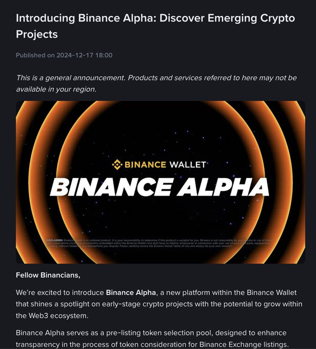 The image is a Binance announcement introducing "Binance Alpha," a pre-listing token selection pool within the Binance Wallet, published on 2024-12-17. The accompanying post highlights Binance Alpha's 21-month track record of generating significant returns on early-stage projects like MemeCore (160X), MYX (380X), and RIVER (70X), reinforcing the platform's value for discovering emerging crypto opportunities before they reach Binance Exchange listings.
