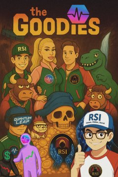 An illustration titled 'the Goodies' featuring cartoon characters with hats displaying 'RSI' and 'Quantum LAC', alongside a dinosaur, a cow, and a skull.