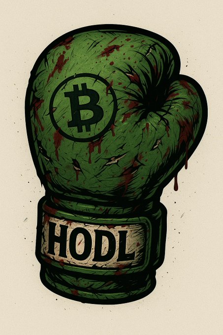 An illustration of a battered green boxing glove with blood splatters features a Bitcoin symbol on the knuckles and the word "HODL" on the wrist strap.