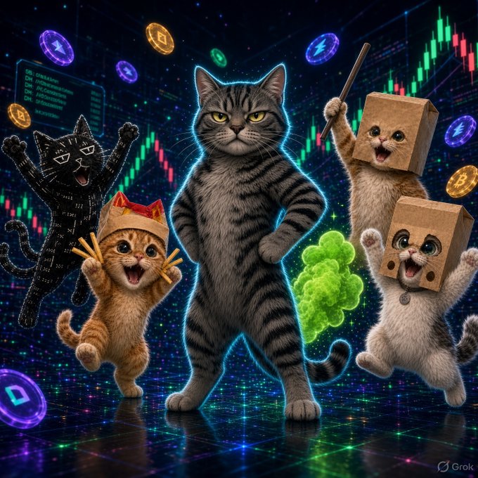 An AI-generated illustration of cats in various costumes (including cardboard box heads and a crown) posed against a crypto-themed background with candlestick charts, Bitcoin logos, and code.